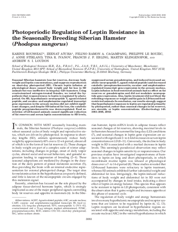 (PDF) Photoperiodic Regulation of Leptin Resistance in the Seasonally ...