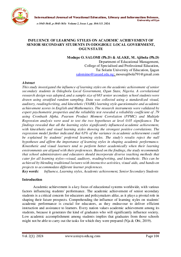 (PDF) INFLUENCE OF LEARNING STYLES ON ACADEMIC ACHIEVEMENT OF SENIOR ...