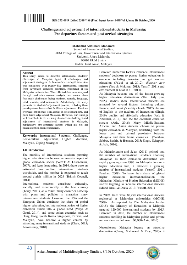 (PDF) Challenges and adjustment of international students in Malaysia ...