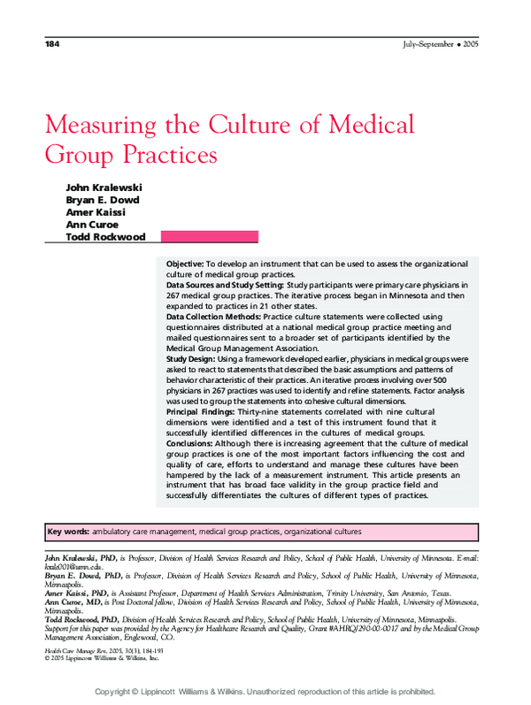 (PDF) Measuring the Culture of Medical Group Practices