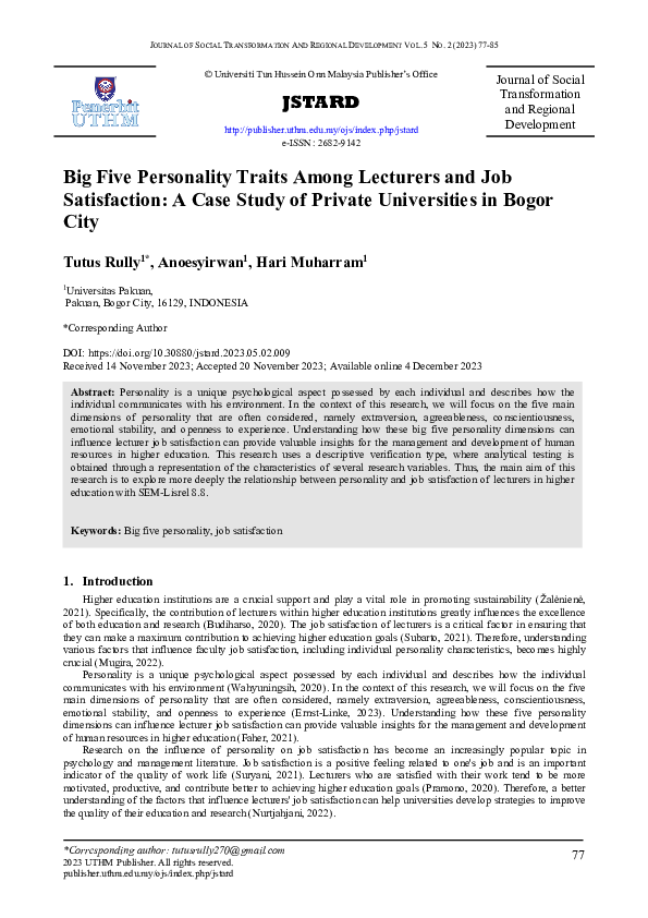 (PDF) Big Five Personality Traits Among Lecturers and Job Satisfaction ...
