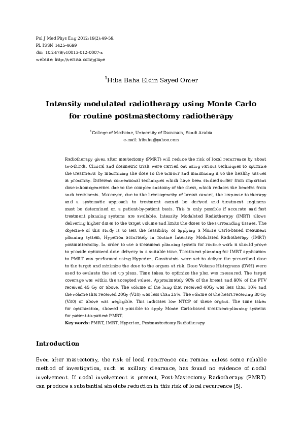 (PDF) Intensity modulated radiotherapy using Monte Carlo for routine ...