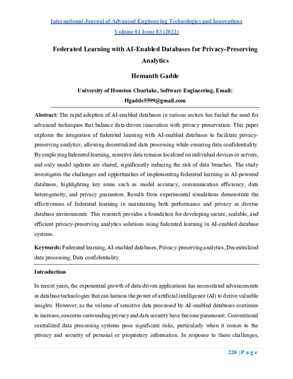 (PDF) Federated Learning with AI-Enabled Databases for Privacy ...