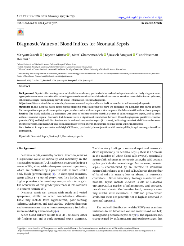(PDF) Diagnostic Values of Blood Indices for Neonatal Sepsis