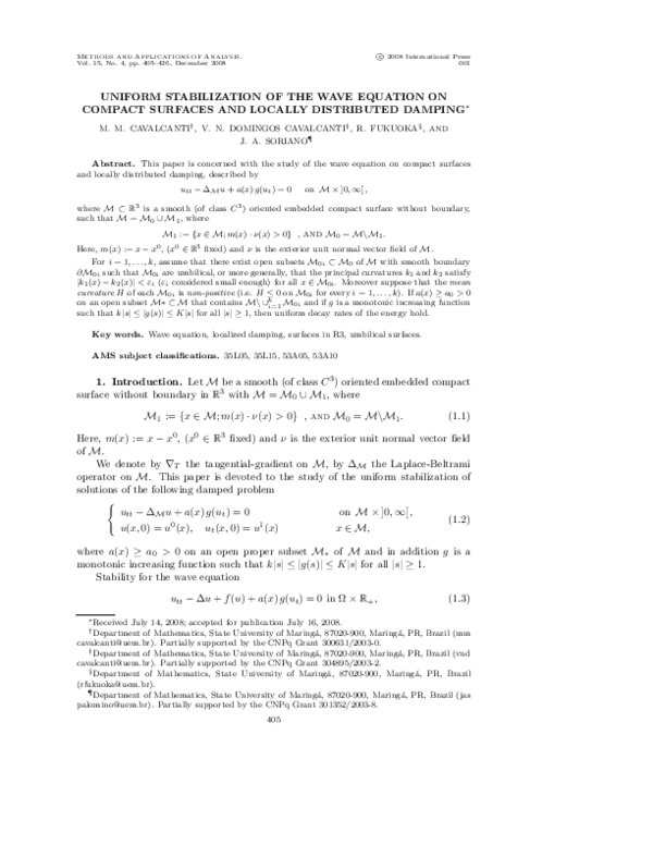 (PDF) Uniform Stabilization of the Wave Equation on Compact Surfaces ...