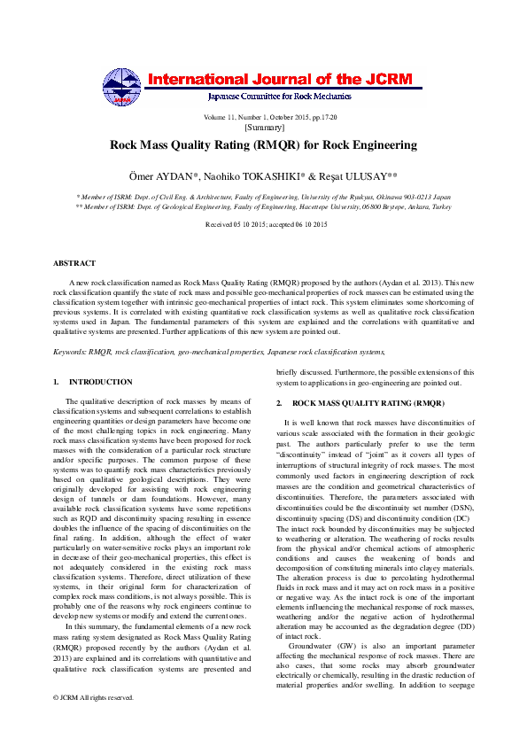 (PDF) Rock Mass Quality Rating (RMQR) for Rock Engineering