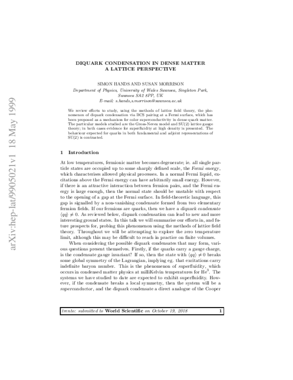 (PDF) Diquark Condensation in Dense Matter - A Lattice Perspective