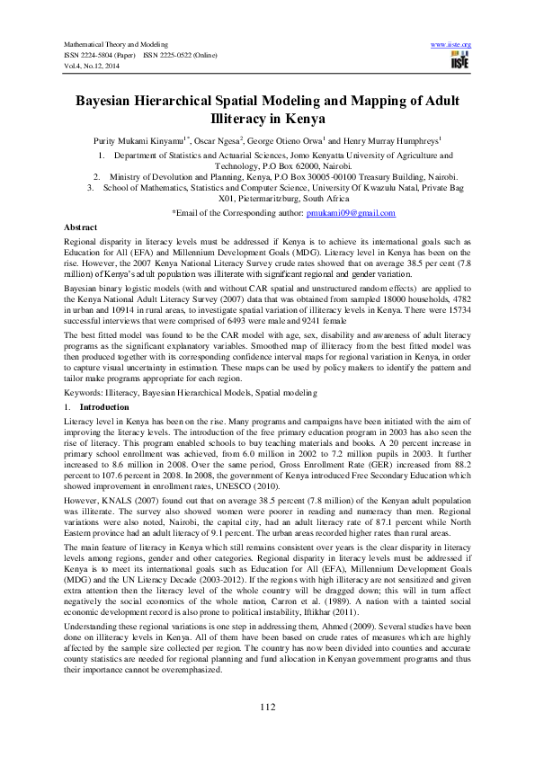 (PDF) Bayesian Hierarchical Spatial Modeling and Mapping of Adult ...
