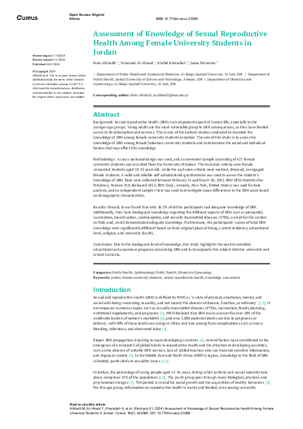 (PDF) Assessment of Knowledge of Sexual Reproductive Health Among ...
