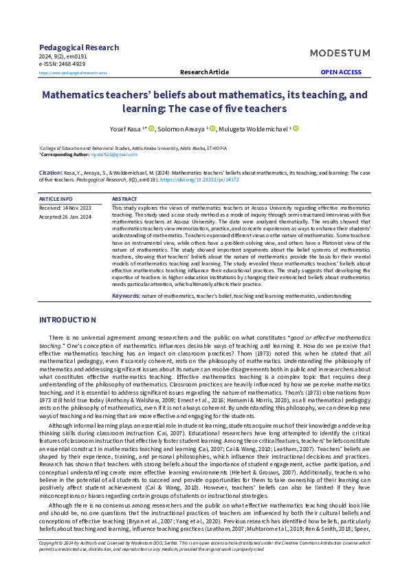 (PDF) Mathematics teachers’ beliefs about mathematics, its teaching ...