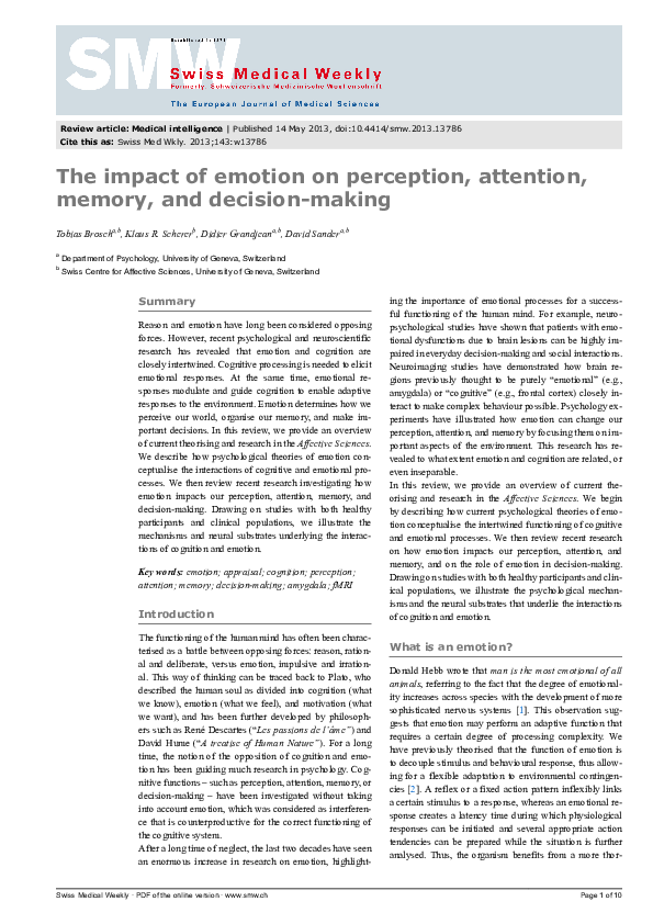 (PDF) The impact of emotion on perception, attention, memory, and ...