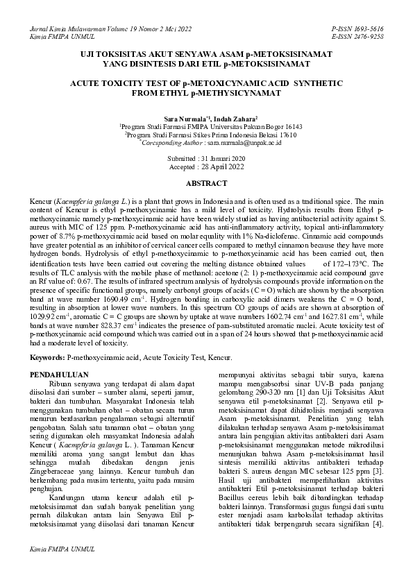 (PDF) Acute Toxicity Test Of P-Metoxicynamic Acid Synthetic From Ethyl ...