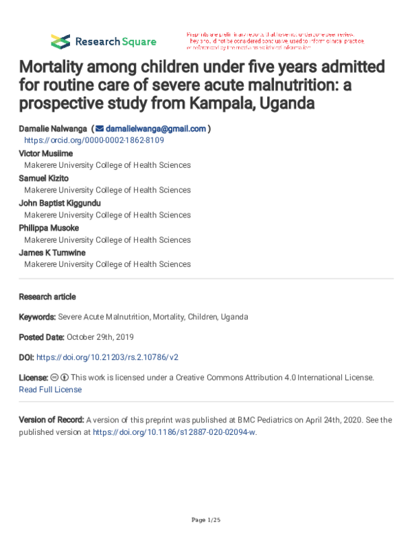 (PDF) Mortality among children under five years admitted for routine ...