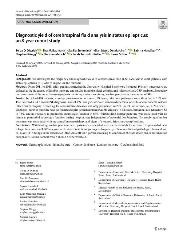 (PDF) Diagnostic yield of cerebrospinal fluid analysis in status ...