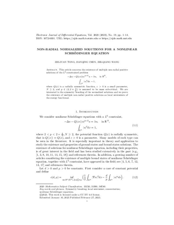 (PDF) Non-radial normalized solutions for a nonlinear Schrodinger equation