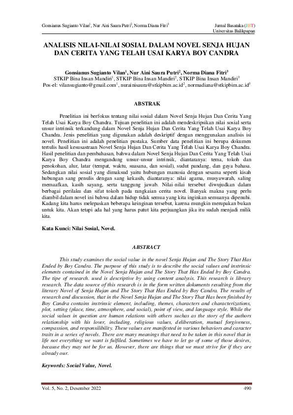 Pdf Analisis Nilai Nilai Sosial Dalam Novel Senja Hujan Dan Cerita