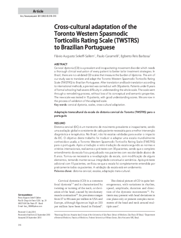 (PDF) Cross-cultural adaptation of the Toronto Western Spasmodic ...