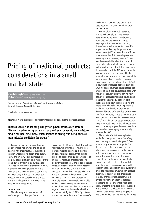 (PDF) Pricing of medicinal products: considerations in a small market state