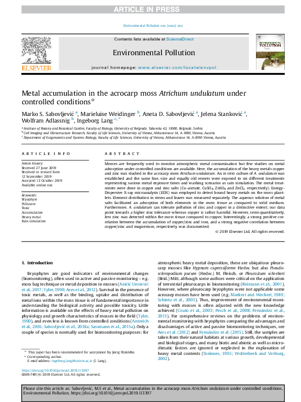 (PDF) Metal accumulation in the acrocarp moss Atrichum undulatum under ...
