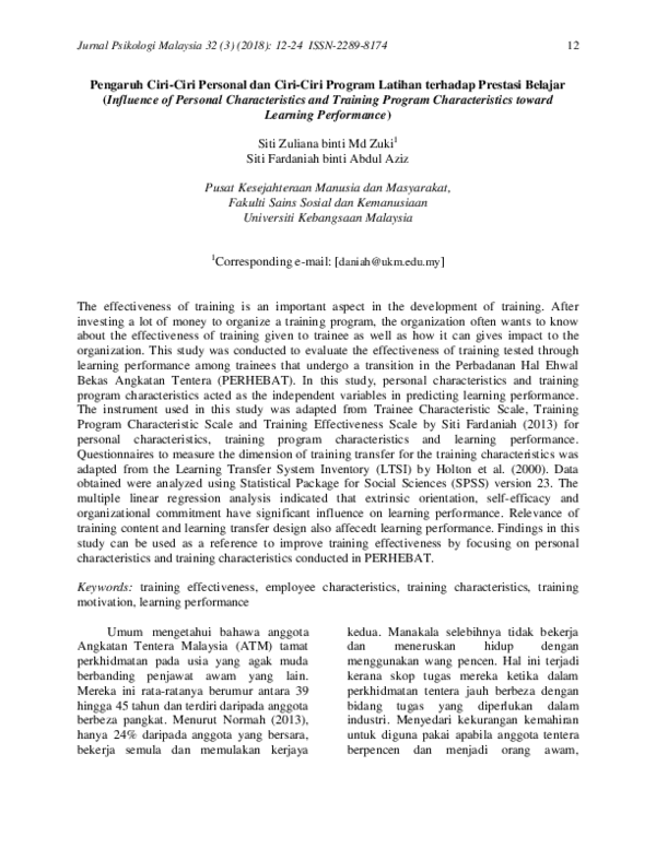 (PDF) Pengaruh Ciri-Ciri Personal dan Ciri-Ciri Program Latihan ...