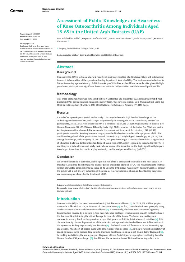 (PDF) Assessment of Public Knowledge and Awareness of Knee ...