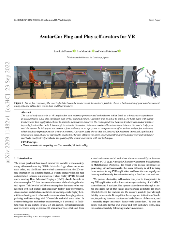 (PDF) AvatarGo: Plug and Play self-avatars for VR