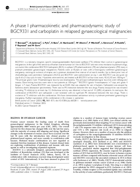 (PDF) A phase I pharmacokinetic and pharmacodynamic study of BGC9331 ...