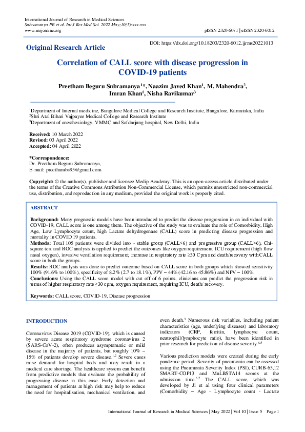 (PDF) Correlation of CALL score with disease progression in COVID-19 ...