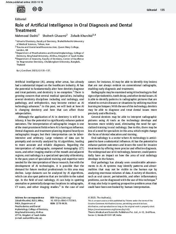(PDF) Role of Artificial Intelligence in Oral Diagnosis and Dental ...