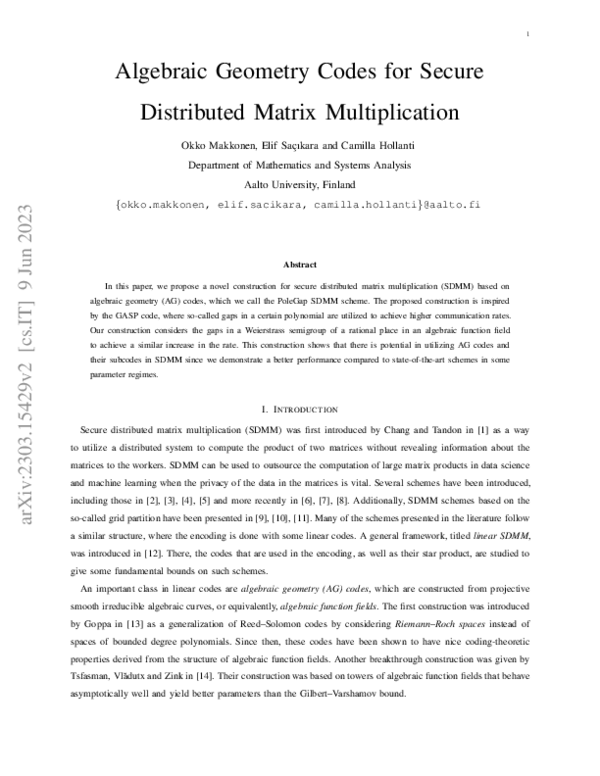(PDF) Algebraic Geometry Codes for Secure Distributed Matrix Multiplication