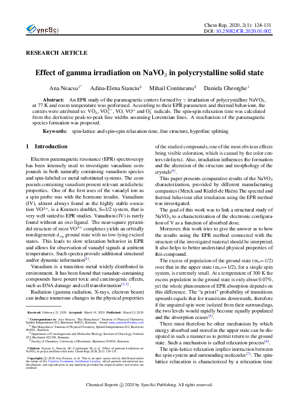 (PDF) Effect of gamma irradiation on NaVO3 in polycrystalline solid state