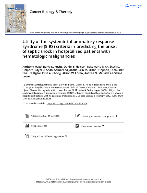 (PDF) Utility of the systemic inflammatory response syndrome (SIRS ...