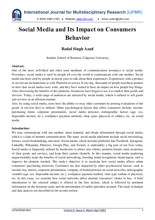 (PDF) Social Media and its Impact on Consumers Behavior