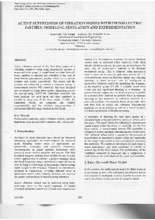 (PDF) Active Suppression of Vibration Modes with Piezoelectric Patches ...