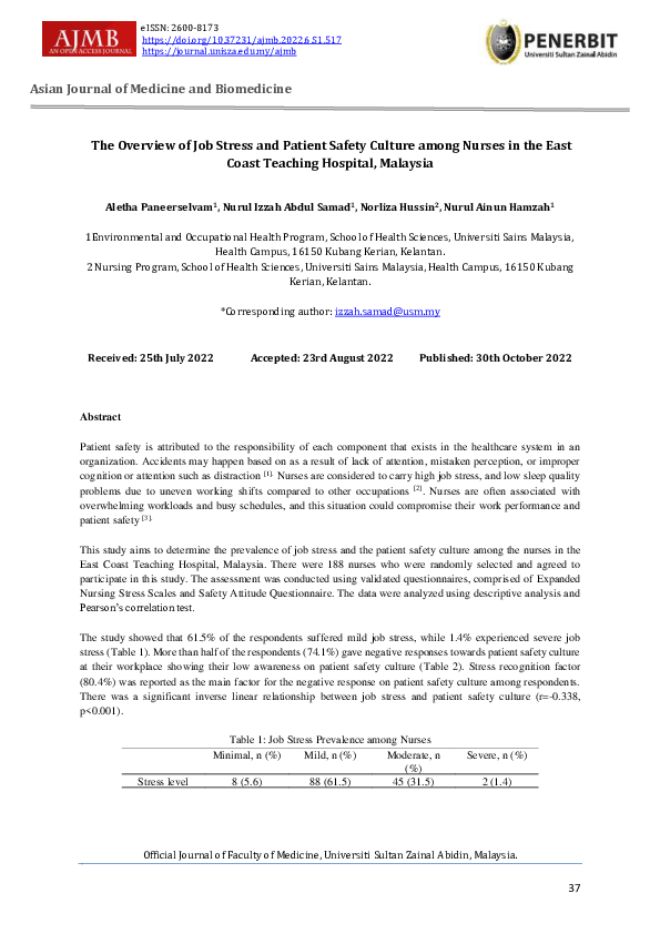 (PDF) The Overview of Job Stress and Patient Safety Culture among ...