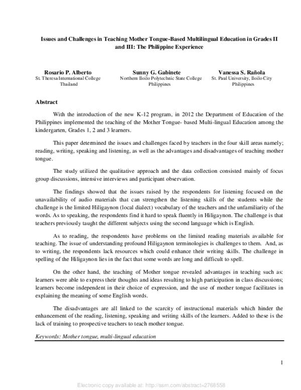 (PDF) Issues and Challenges in Teaching Mother Tongue-Based ...