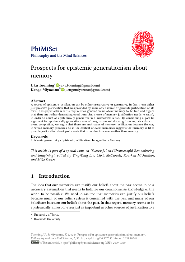 (PDF) Prospects for epistemic generationism about memory