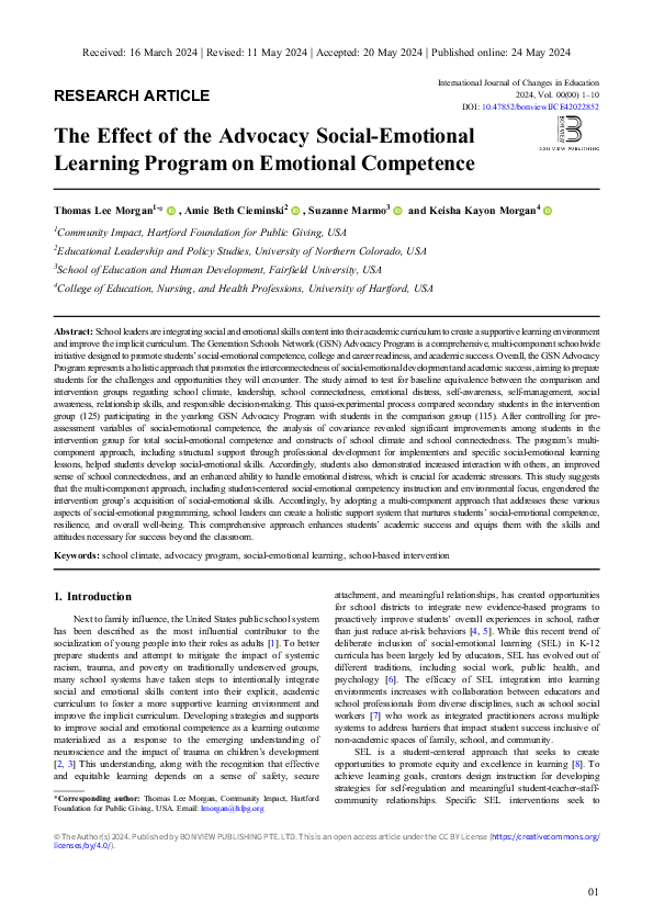 (PDF) The Effect of the Advocacy Social-Emotional Learning Program on ...