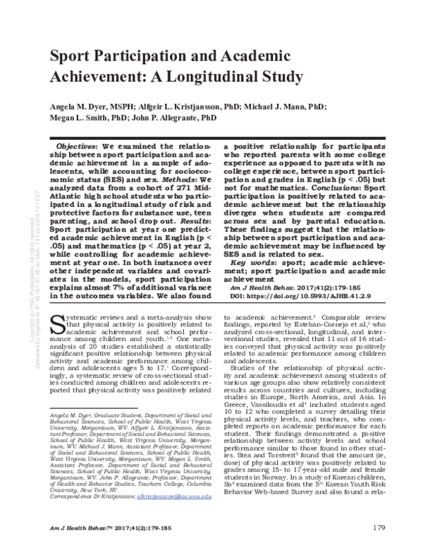 (PDF) Sport Participation and Academic Achievement: A Longitudinal Study