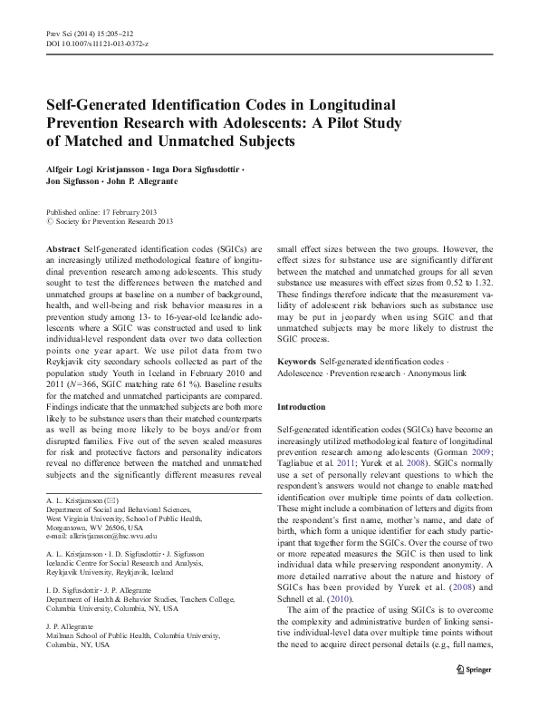 (PDF) SelfGenerated Identification Codes in Longitudinal Prevention