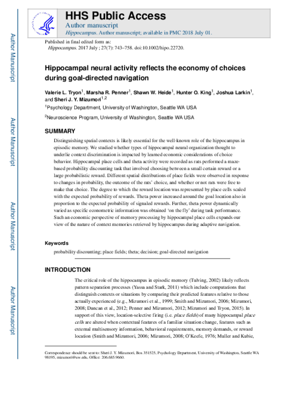 (PDF) Hippocampal Activity and Economic Choice in Navigation