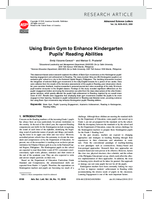 (PDF) Using Brain Gym to Enhance Kindergarten Pupils’ Reading Abilities