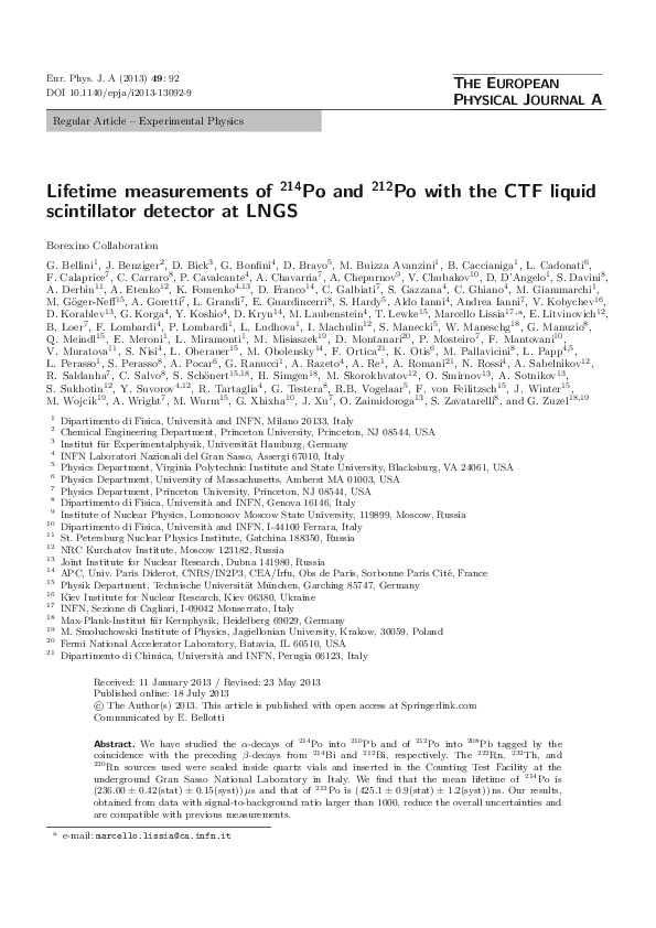(PDF) Lifetime measurements of 214Po and 212Po with the CTF liquid ...