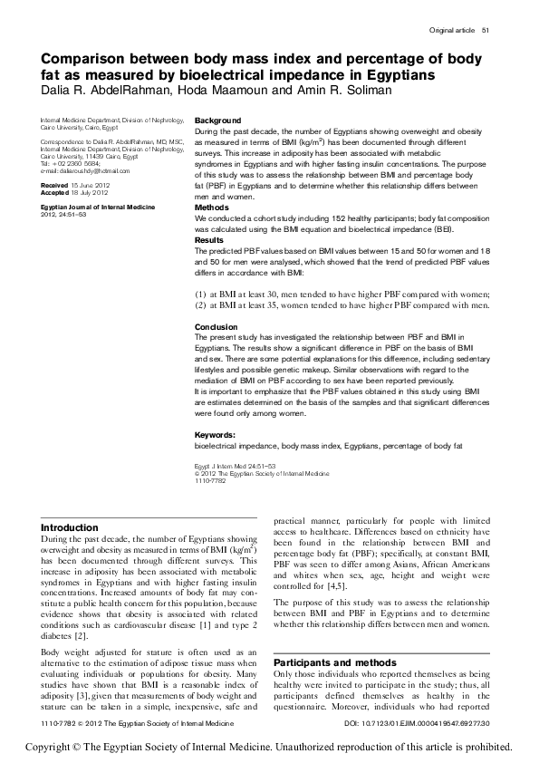 (PDF) Comparison between body mass index and percentage of body fat as ...