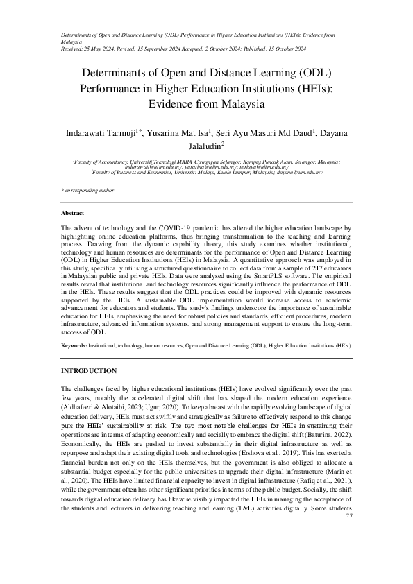(PDF) Determinants of Open and Distance Learning (ODL) Performance in ...