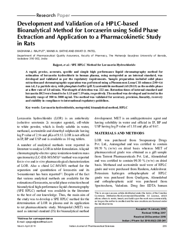 (PDF) Development and Validation of a HPLC-based Bioanalytical Method ...