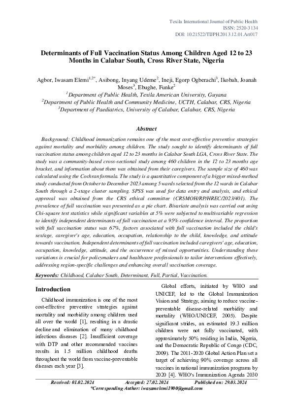 (PDF) Determinants of Full Vaccination Status Among Children Aged 12 to ...