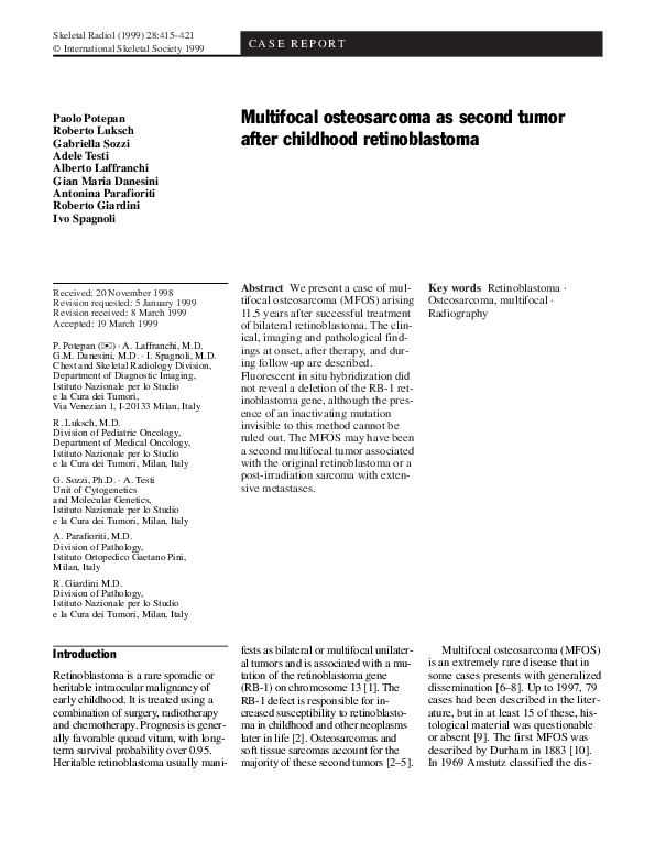 (PDF) Multifocal osteosarcoma as second tumor after childhood ...