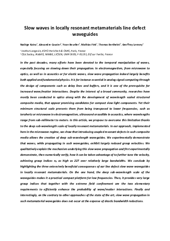 (PDF) Slow waves in locally resonant metamaterials line defect waveguides