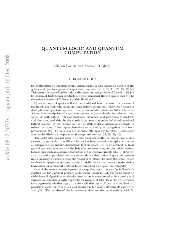 (PDF) Quantum logic and quantum computation